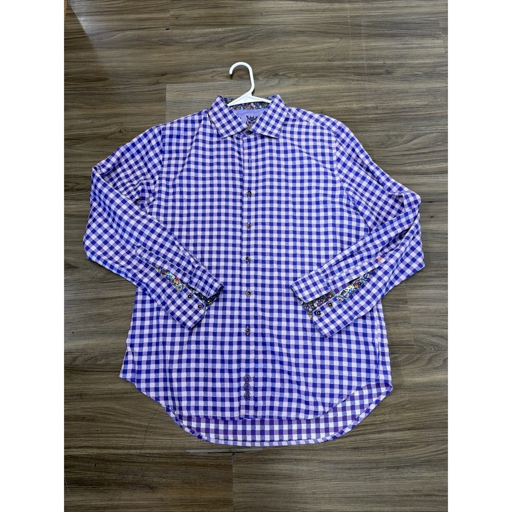 Robert Graham Mens L Purple Gingham Flip Cuff Embroidered Button Up - Picture 1 of 8